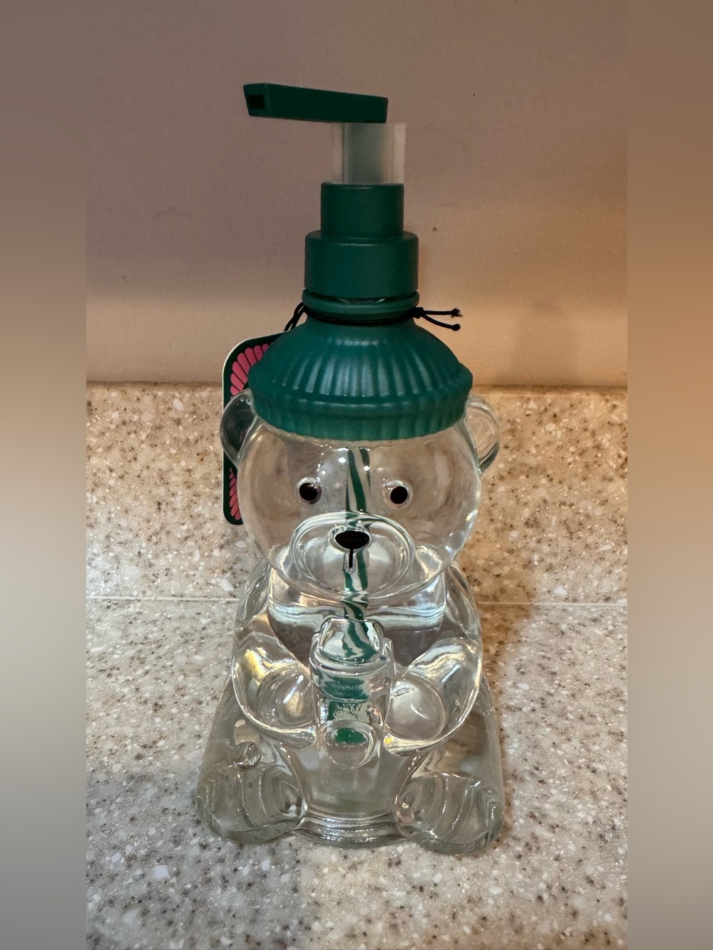 Clear Glass Bear Holding Coffee Soap Dispenser with Pump Resembles Starbucks